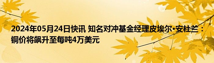 2024年05月24日快讯 知名对冲基金经理皮埃尔·安杜兰：铜价将飙升至每吨4万美元