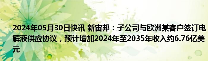 2024年05月30日快讯 新宙邦：子公司与欧洲某客户签订电解液供应协议，预计增加2024年至2035年收入约6.76亿美元