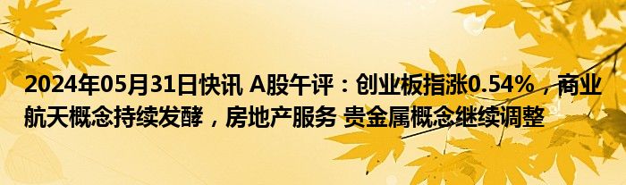 2024年05月31日快讯 A股午评：创业板指涨0.54%，商业航天概念持续发酵，房地产服务 贵金属概念继续调整