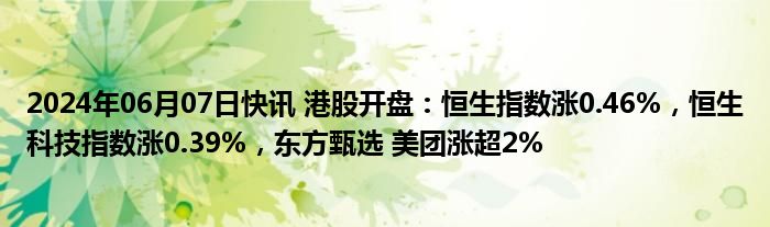 2024年06月07日快讯 港股开盘：恒生指数涨0.46%，恒生科技指数涨0.39%，东方甄选 美团涨超2%