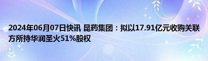 2024年06月07日快讯 昆药集团：拟以17.91亿元收购关联方所持华润圣火51%股权