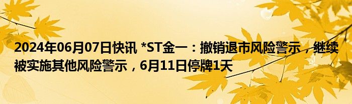 2024年06月07日快讯 *ST金一：撤销退市风险警示，继续被实施其他风险警示，6月11日停牌1天