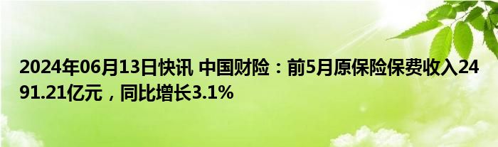 2024年06月13日快讯 中国财险：前5月原保险保费收入2491.21亿元，同比增长3.1%