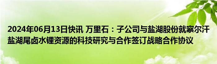 2024年06月13日快讯 万里石：子公司与盐湖股份就察尔汗盐湖尾卤水锂资源的科技研究与合作签订战略合作协议