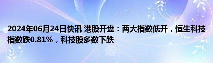 2024年06月24日快讯 港股开盘：两大指数低开，恒生科技指数跌0.81%，科技股多数下跌