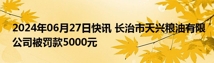 2024年06月27日快讯 长治市天兴粮油有限公司被罚款5000元