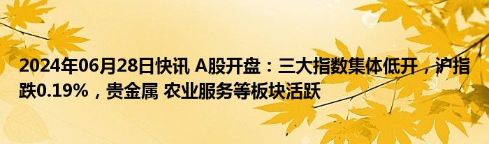 2024年06月28日快讯 A股开盘：三大指数集体低开，沪指跌0.19%，贵金属 农业服务等板块活跃