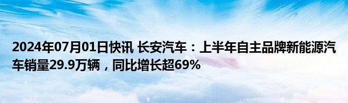 2024年07月01日快讯 长安汽车：上半年自主品牌新能源汽车销量29.9万辆，同比增长超69%