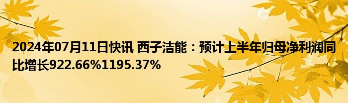 2024年07月11日快讯 西子洁能：预计上半年归母净利润同比增长922.66%1195.37%