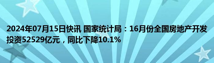 2024年07月15日快讯 国家统计局：16月份全国房地产开发投资52529亿元，同比下降10.1%