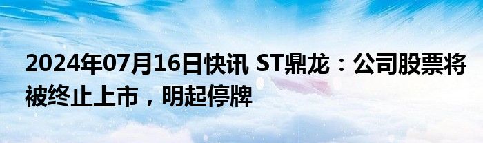 2024年07月16日快讯 ST鼎龙：公司股票将被终止上市，明起停牌