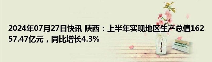 2024年07月27日快讯 陕西：上半年实现地区生产总值16257.47亿元，同比增长4.3%