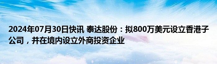 2024年07月30日快讯 泰达股份：拟800万美元设立香港子公司，并在境内设立外商投资企业