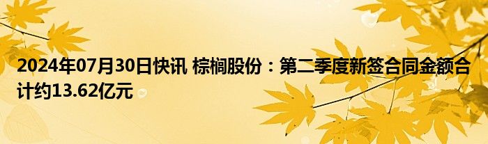 2024年07月30日快讯 棕榈股份：第二季度新签合同金额合计约13.62亿元