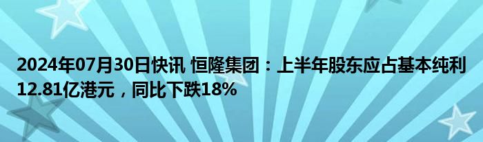 2024年07月30日快讯 恒隆集团：上半年股东应占基本纯利12.81亿港元，同比下跌18%