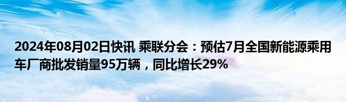 2024年08月02日快讯 乘联分会：预估7月全国新能源乘用车厂商批发销量95万辆，同比增长29%