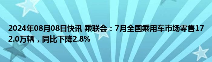 2024年08月08日快讯 乘联会：7月全国乘用车市场零售172.0万辆，同比下降2.8%