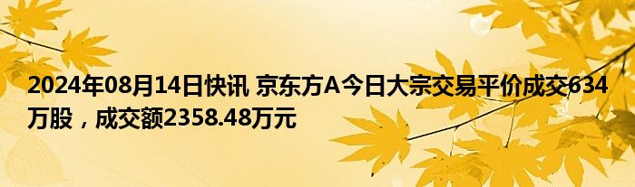 2024年08月14日快讯 京东方A今日大宗交易平价成交634万股，成交额2358.48万元