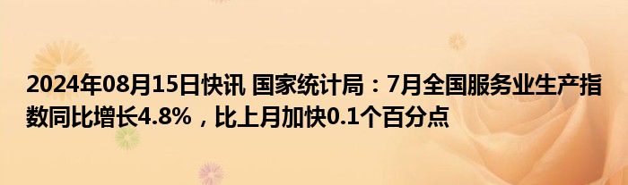 2024年08月15日快讯 国家统计局：7月全国服务业生产指数同比增长4.8%，比上月加快0.1个百分点