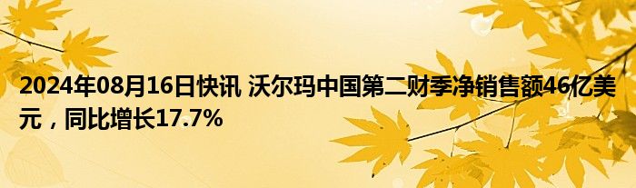 2024年08月16日快讯 沃尔玛中国第二财季净销售额46亿美元，同比增长17.7%