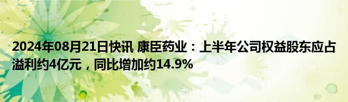 2024年08月21日快讯 康臣药业：上半年公司权益股东应占溢利约4亿元，同比增加约14.9%