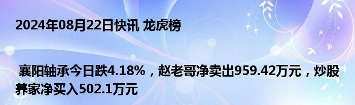 2024年08月22日快讯 龙虎榜 | 襄阳轴承今日跌4.18%，赵老哥净卖出959.42万元，炒股养家净买入502.1万元