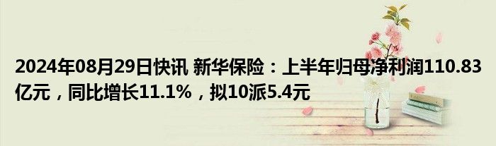 2024年08月29日快讯 新华保险：上半年归母净利润110.83亿元，同比增长11.1%，拟10派5.4元