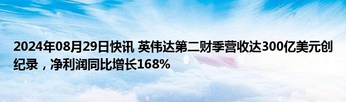 2024年08月29日快讯 英伟达第二财季营收达300亿美元创纪录，净利润同比增长168%