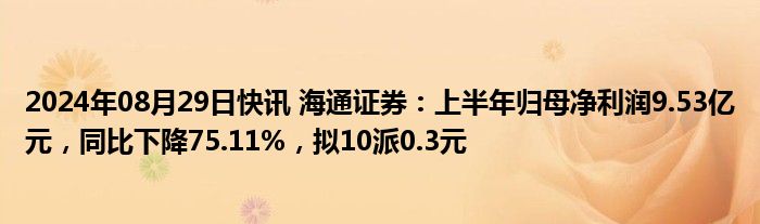 2024年08月29日快讯 海通证券：上半年归母净利润9.53亿元，同比下降75.11%，拟10派0.3元