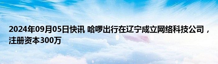 2024年09月05日快讯 哈啰出行在辽宁成立网络科技公司，注册资本300万