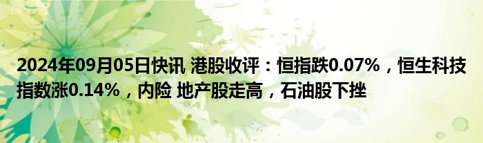 2024年09月05日快讯 港股收评：恒指跌0.07%，恒生科技指数涨0.14%，内险 地产股走高，石油股下挫