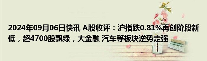 2024年09月06日快讯 A股收评：沪指跌0.81%再创阶段新低，超4700股飘绿，大金融 汽车等板块逆势走强