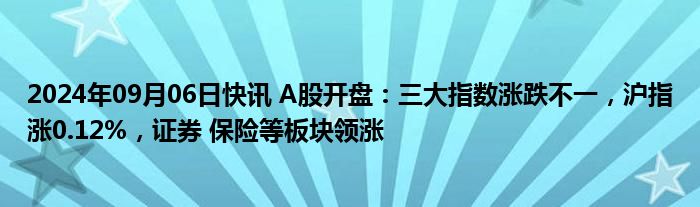 2024年09月06日快讯 A股开盘：三大指数涨跌不一，沪指涨0.12%，证券 保险等板块领涨