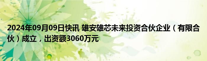 2024年09月09日快讯 雄安雄芯未来投资合伙企业（有限合伙）成立，出资额3060万元