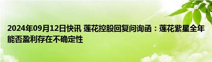 2024年09月12日快讯 莲花控股回复问询函：莲花紫星全年能否盈利存在不确定性