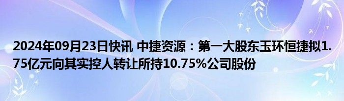 2024年09月23日快讯 中捷资源：第一大股东玉环恒捷拟1.75亿元向其实控人转让所持10.75%公司股份