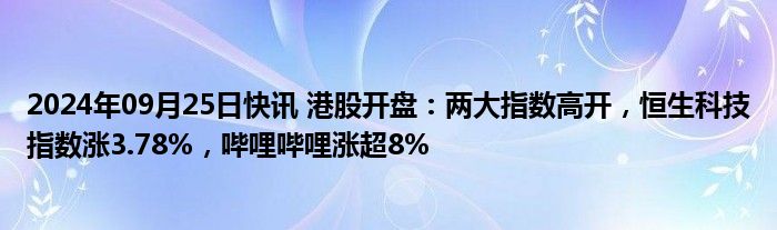 2024年09月25日快讯 港股开盘：两大指数高开，恒生科技指数涨3.78%，哔哩哔哩涨超8%