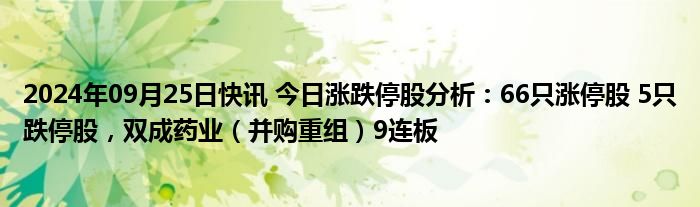 2024年09月25日快讯 今日涨跌停股分析：66只涨停股 5只跌停股，双成药业（并购重组）9连板