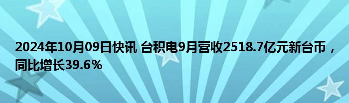 2024年10月09日快讯 台积电9月营收2518.7亿元新台币，同比增长39.6％