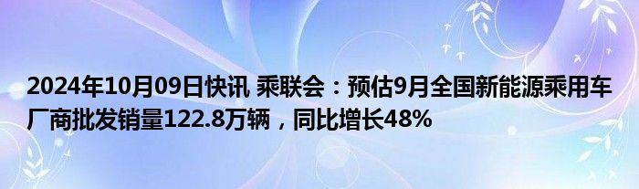 2024年10月09日快讯 乘联会：预估9月全国新能源乘用车厂商批发销量122.8万辆，同比增长48%