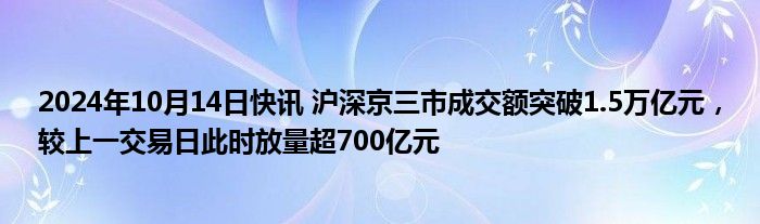 2024年10月14日快讯 沪深京三市成交额突破1.5万亿元，较上一交易日此时放量超700亿元