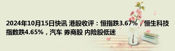 2024年10月15日快讯 港股收评：恒指跌3.67%，恒生科技指数跌4.65%，汽车 券商股 内险股低迷