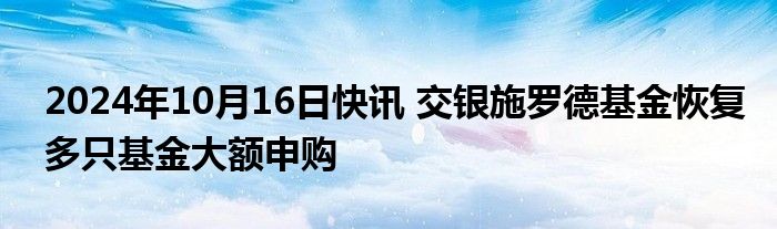 2024年10月16日快讯 交银施罗德基金恢复多只基金大额申购