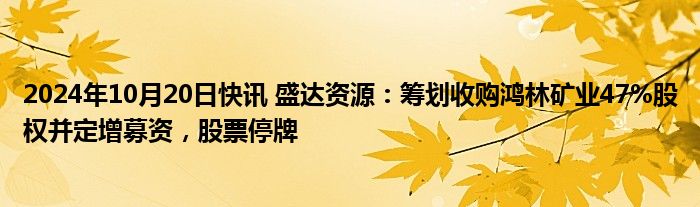 2024年10月20日快讯 盛达资源：筹划收购鸿林矿业47%股权并定增募资，股票停牌