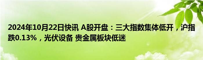 2024年10月22日快讯 A股开盘：三大指数集体低开，沪指跌0.13%，光伏设备 贵金属板块低迷