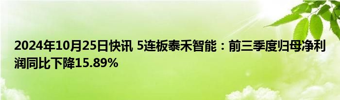 2024年10月25日快讯 5连板泰禾智能：前三季度归母净利润同比下降15.89%