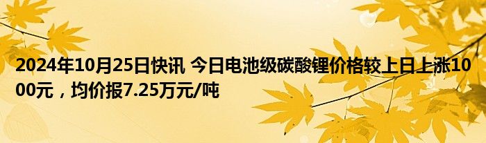 2024年10月25日快讯 今日电池级碳酸锂价格较上日上涨1000元，均价报7.25万元/吨