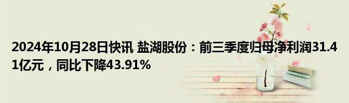 2024年10月28日快讯 盐湖股份：前三季度归母净利润31.41亿元，同比下降43.91%