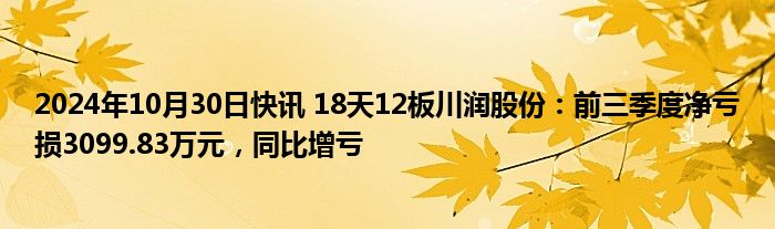 2024年10月30日快讯 18天12板川润股份：前三季度净亏损3099.83万元，同比增亏